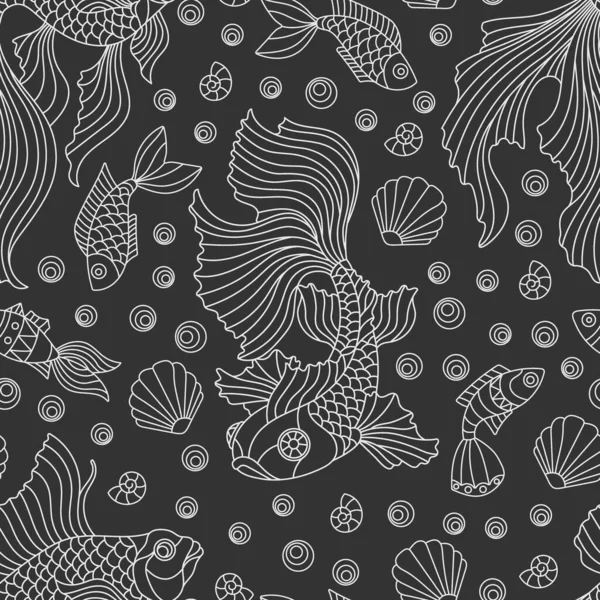 Бесшовный Узор Морской Тематике Светлыми Контурами Рыб Раковин Очертания Рыб — стоковый вектор