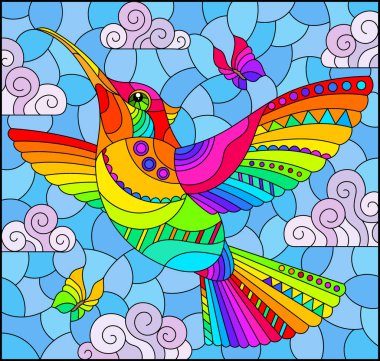An illustration in the style of a stained glass window with a bright cartoon hummingbird bird on a background of blue sky and clouds clipart