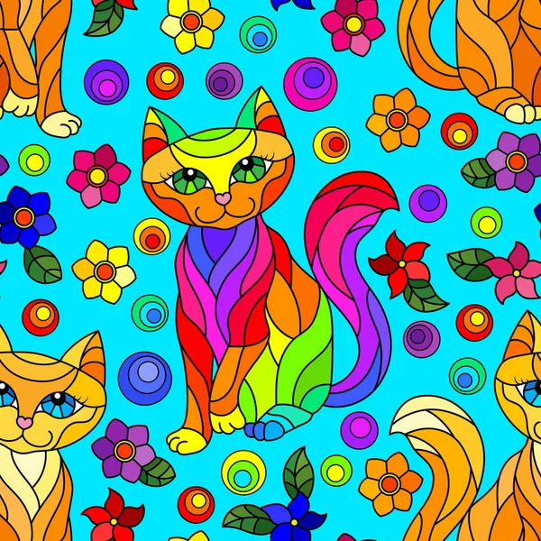 Patrón Sin Costuras Con Gatos Brillantes Flores Estilo Vidriera Sobre — Vector de stock