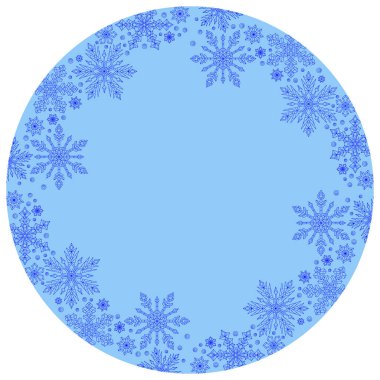 Yeni yıl ve Noel teması üzerine yuvarlak bir ürün tasarlamak, mavi arkaplanda kar taneleri çizmek