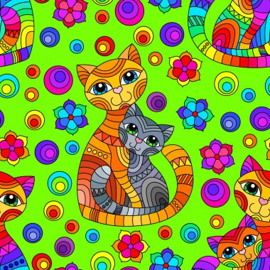 Pürüzsüz desenli, parlak kedileri ve yeşil arka planda vitray şeklinde çiçekleri var.