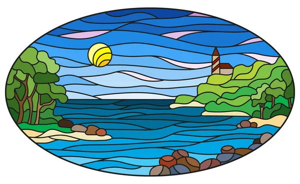 Ilustrace Stylu Barevného Skla Mořskou Pláštěnkou Mořem Pobřežím Proti Slunné — Stockový vektor