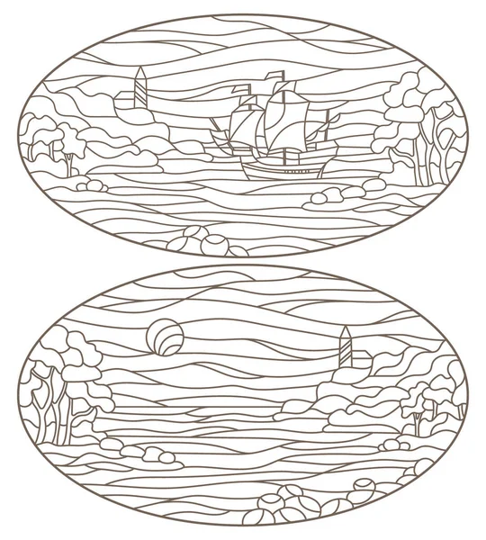 Установите Контурные Иллюстрации Витражей Маяк Скалистом Заливе Фоне Моря Овальные — стоковый вектор