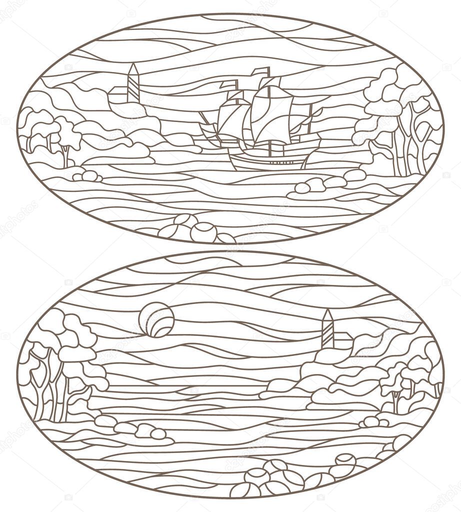 Set contour illustrations of stained glass seascapes, lighthouse in rocky Bay on the background of sea, oval images