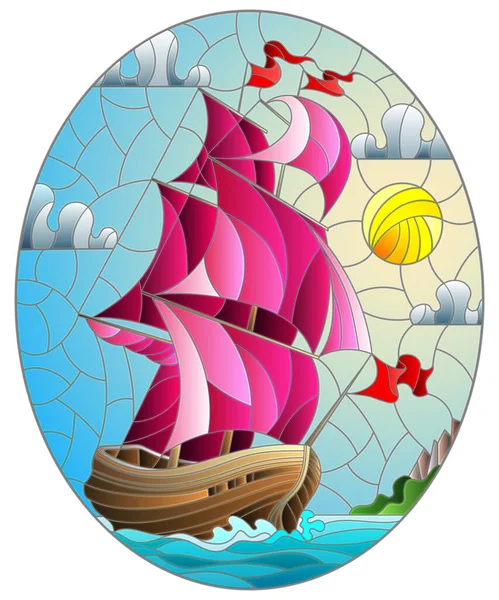 Ilustración Estilo Vitral Con Viejo Barco Navegando Con Velas Rosadas — Vector de stock