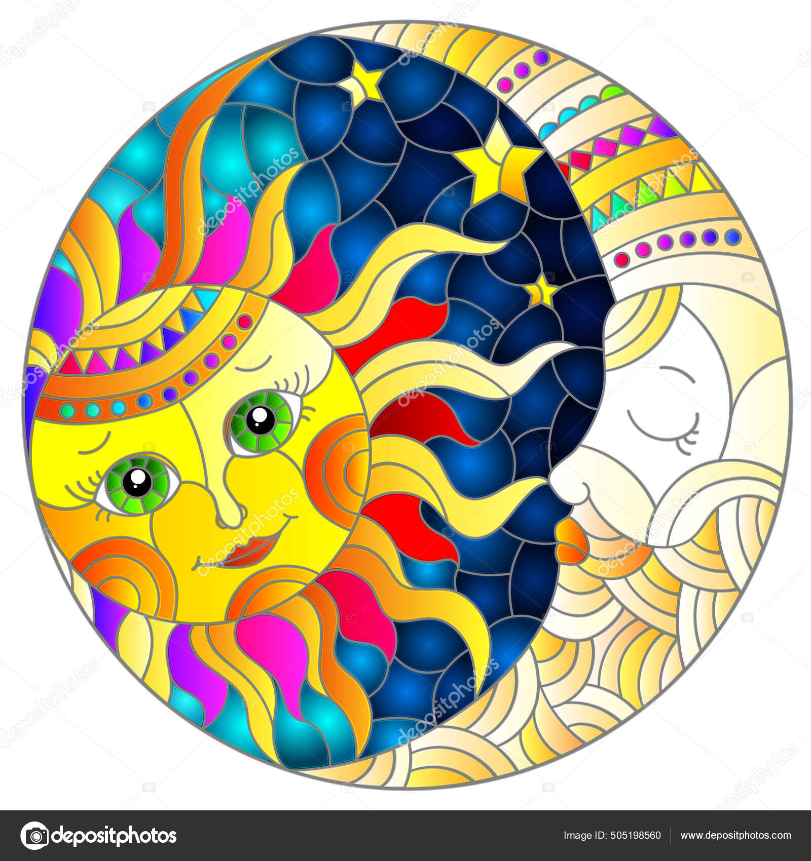 青い空を背景にかわいい太陽と月が描かれたステンドグラスの窓のスタイルのイラスト 丸みのあるイメージ ストックベクター ©Zagory 505198560, image size:1600x1700