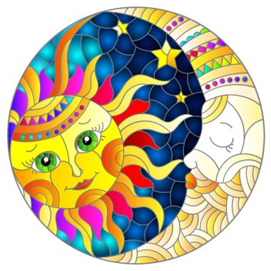 Illustration in the style of a stained glass window with a cute sun and moon on a blue sky background, round image clipart