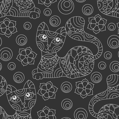 Aydınlık hatlara sahip kusursuz desen kediler ve koyu bir arka planda vitray şeklinde çiçekler.