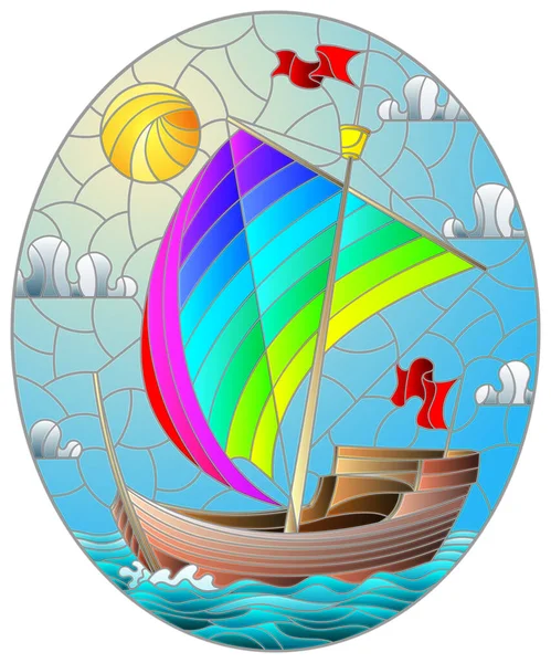 海に向かって虹色の帆でセーリング古い船とステンドグラスのスタイルでイラスト 楕円形の画像 — ストックベクタ