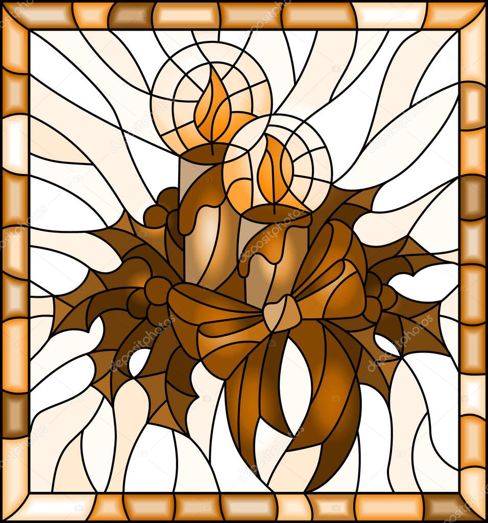 Illustration in stained glass style for New year and Christmas, candles, Holly branches and ribbons tone brown in a bright frame