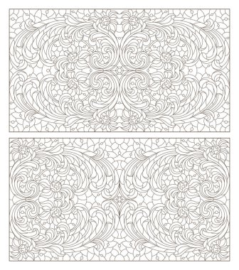 Boyalı camların dış hatlarını soyut girdaplar ve çiçekler, yatay yönelim, dikdörtgen görüntüler ile ayarla