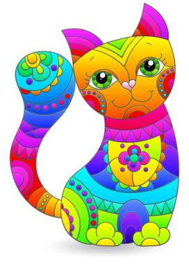 Parlak çizgi film kedisi olan vitray pencere tarzında bir resimde, hayvan beyaz bir arka planda izole edilmiştir.