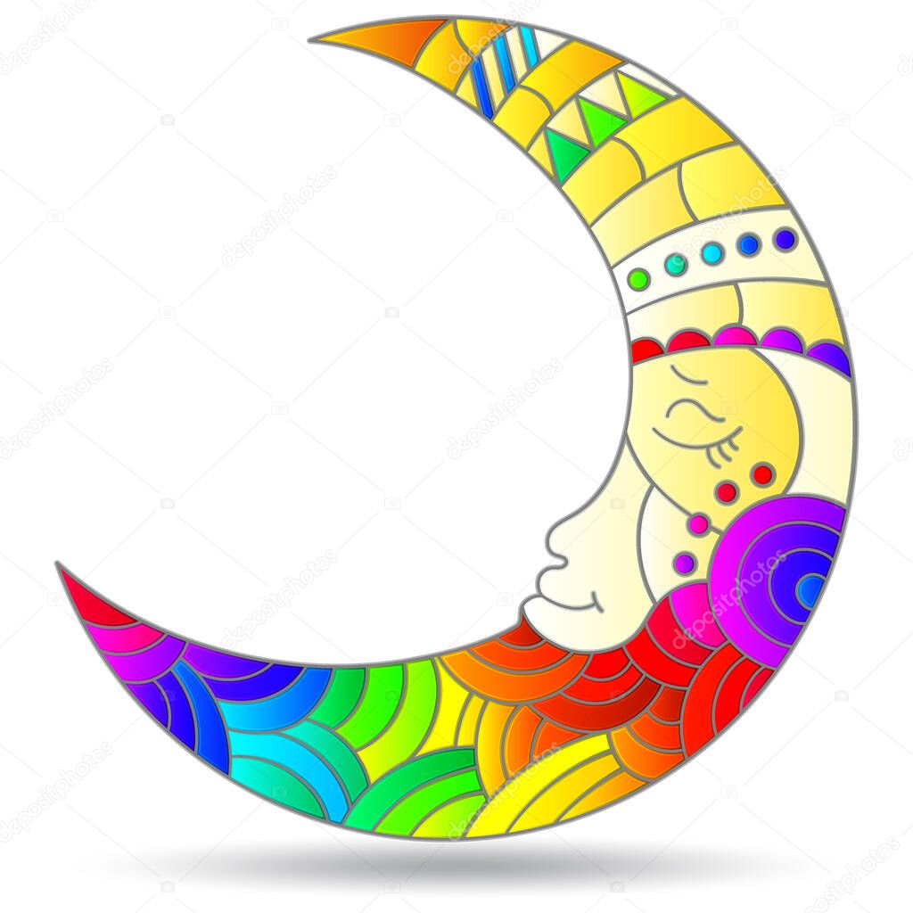 Stained glass illustration  with a  moon with faces, isolated on a white background 