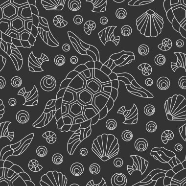 Aydınlık hatlara sahip kusursuz desen geometrik kaplumbağalar ve deniz kabukları, karanlık arka plandaki ana hatlı hayvanlar.