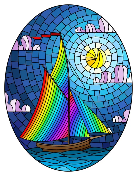 Illustration Glasmalereistil Mit Einem Alten Schiff Das Mit Regenbogensegeln Gegen — Stockvektor