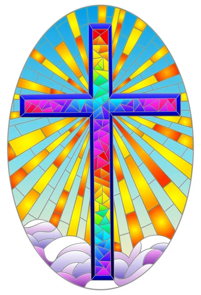 彩色玻璃风格的宗教主题绘画中的插图 彩色玻璃窗形的彩虹基督教十字架 蓝色背景 椭圆形图像 — 图库矢量图片