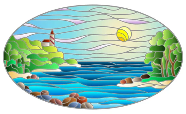 Иллюстрация Витражном Стиле Морской Накидкой Морем Берегом Фоне Солнечного Неба — стоковый вектор