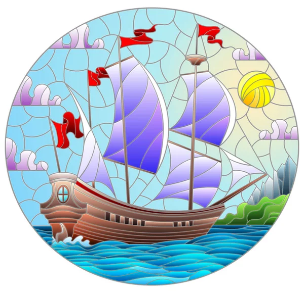 Ilustração Estilo Vitral Com Velho Navio Navegando Com Velas Roxas — Vetor de Stock