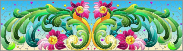 Illustration Farvet Glas Stil Med Abstrakte Blomster Blade Krøller Blå – Stock-vektor