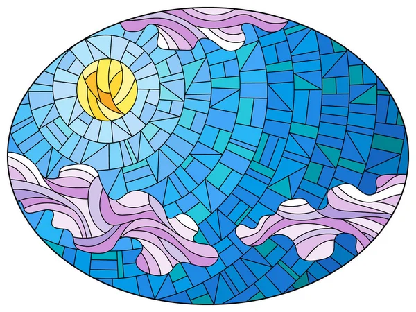 Ilustrace Stylu Barevného Okna Abstraktní Oblohou Sluncem Mraky Modrém Pozadí — Stockový vektor