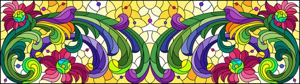 Ilustración Estilo Vitral Con Flores Abstractas Hojas Rizos Sobre Fondo — Vector de stock