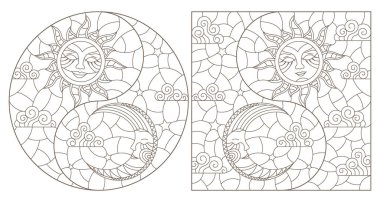 A set of contour illustrations in the style of a stained glass window with a cute sun and moon, dark contours on a white background clipart