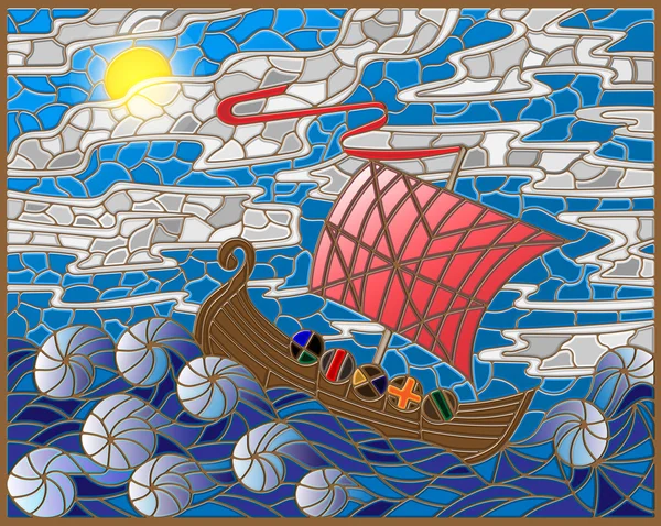 Απεικόνιση σε στυλ βιτρό με αντίκες πλοίο από τη θάλασσα, ουρανός και ήλιο — Διανυσματικό Αρχείο