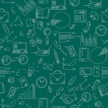 Seamless background with simple hand-drawn icons on a theme business, white contour on green background