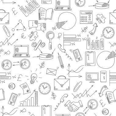 Seamless background with simple hand-drawn icons on a theme business, dark outline on a light background