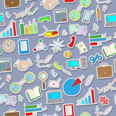 Seamless background with simple hand-drawn icons on a theme business, the colored stickers on the grey background