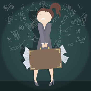 Business lady with a heavy suitcase full of papers on a dark background with icons on a theme business, the concept of difficulties of women in business