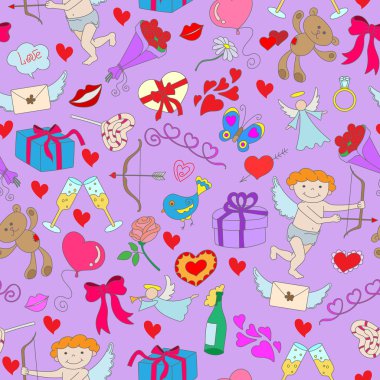 Seamless background with simple hand-drawn icons on the theme of Valentine's day on a purple substrate