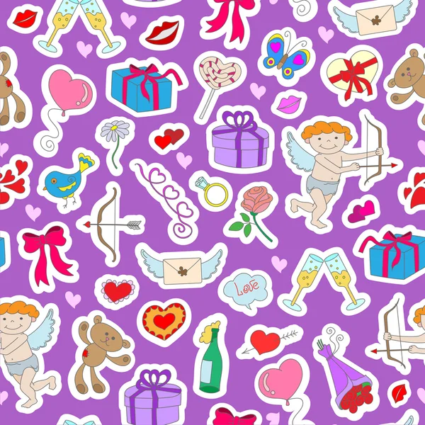 Fondo sin costuras con simples etiquetas de iconos dibujados a mano sobre el tema del día de San Valentín sobre un respaldo púrpura — Vector de stock