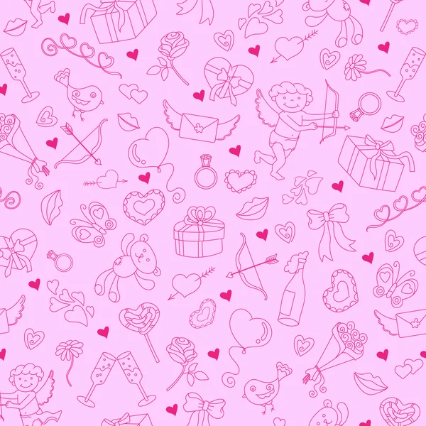 Patrón sin costuras con contorno simples iconos dibujados a mano sobre el tema del día de San Valentín en un sustrato rosa — Vector de stock