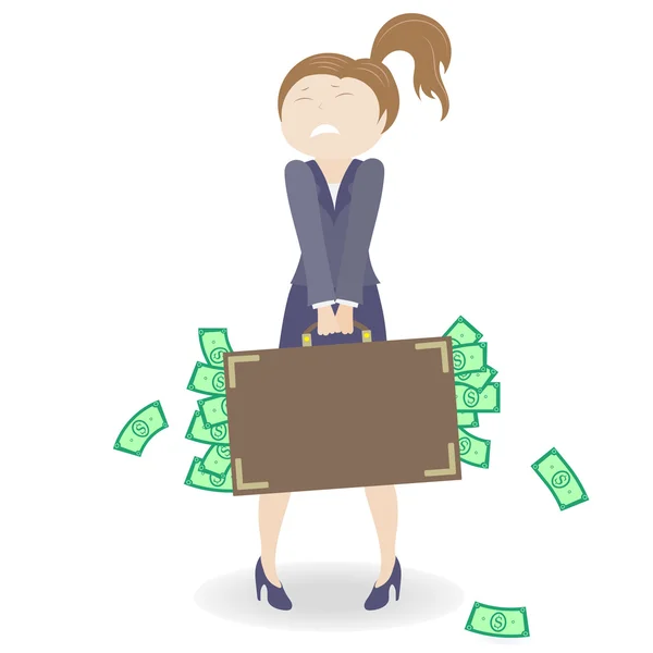 Business lady with a heavy suitcase full of money isolated on white background , concept of difficulties of women in business — Stock Vector