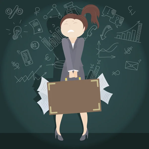 Business lady with a heavy suitcase full of papers on a dark background with icons on a theme business, the concept of difficulties of women in business — Stockvector