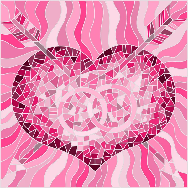Ilustración en estilo vitral con corazones y flechas, versión rosa — Vector de stock