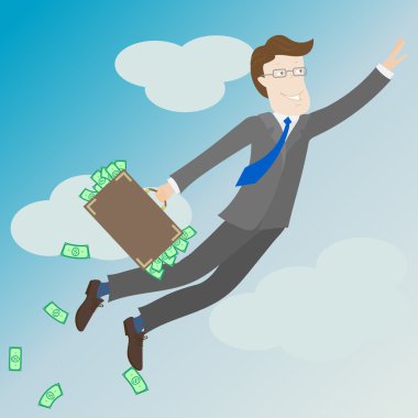 Businessman with a suitcase full of money in the sky flying up , concept achievements in business