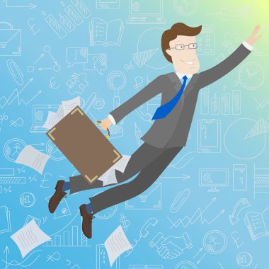 Businessman with a suitcase full of papers on the sky background with graphs and icons goes up , concept achievements in business