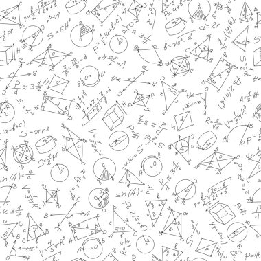 Seamless pattern on the theme of learning and geometry with formulas and graphs,black marker on white background