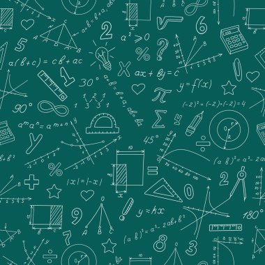 Seamless background with graphs and formulas in the subject of mathematics and learning, white contour on green background