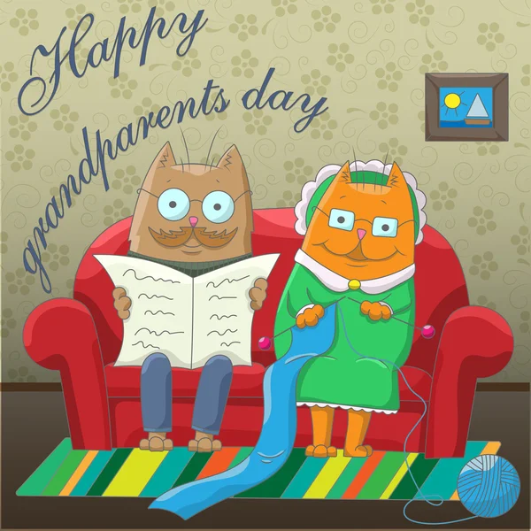 Greetings on grandparents day with two old cats on the couch — Stock Vector