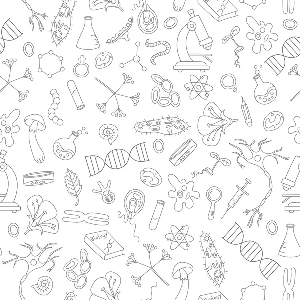 Seamless background with hand drawn icons on the theme of biology,dark outline on a light background — 图库矢量图片
