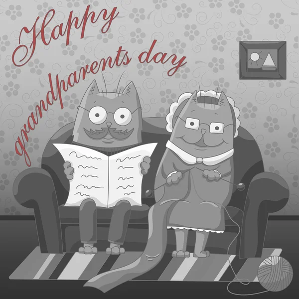 Поздравление с Днем бабушки и дедушки с двумя старыми кошками на диване — стоковый вектор