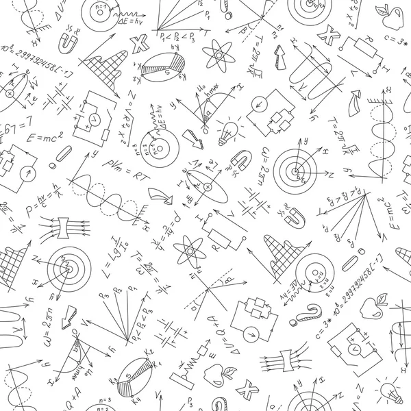 Seamless pattern with formulas,graphs, and equipment as the subject of physics,dark marker on white background — Stock Vector