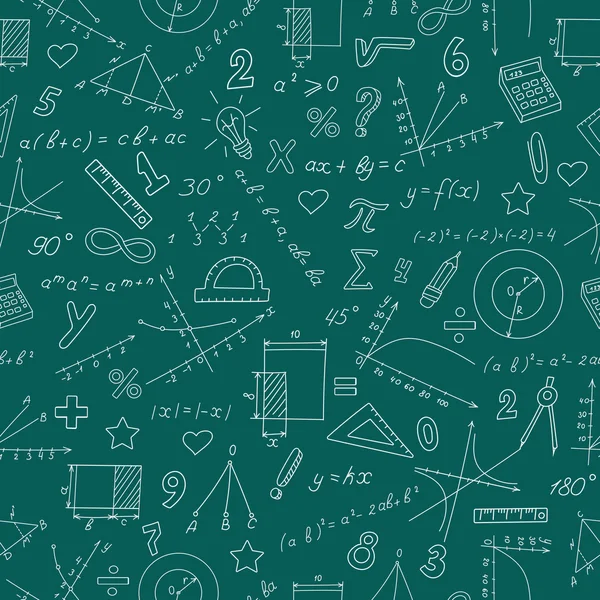 Seamless background with graphs and formulas in the subject of mathematics and learning, white contour on green background — Stock vektor