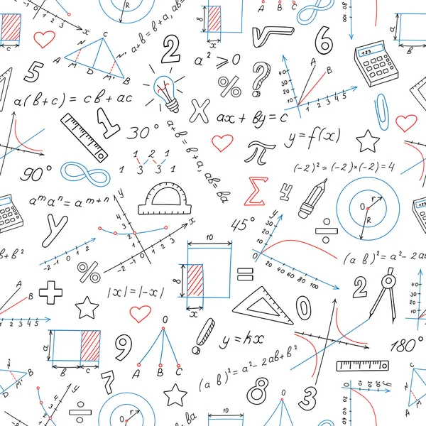 Matematik ve eğitim konularında formülleri ve grafikleri olan kusursuz bir arkaplan, beyaz arkaplanda renkli bir işaret — Stok Vektör