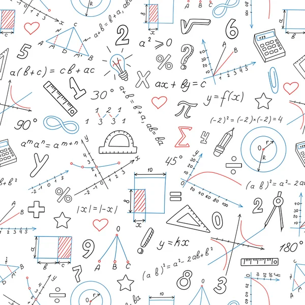 Matematik ve eğitim konularında formülleri ve grafikleri olan kusursuz bir arkaplan, beyaz arkaplanda renkli bir işaret