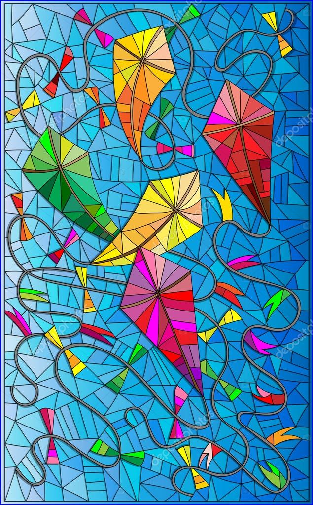 Stained glass kites Colorful kites in the sky in the stained glass