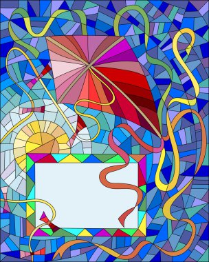 Red kite with colorful ribbons in the sun and blue sky in the stained glass style